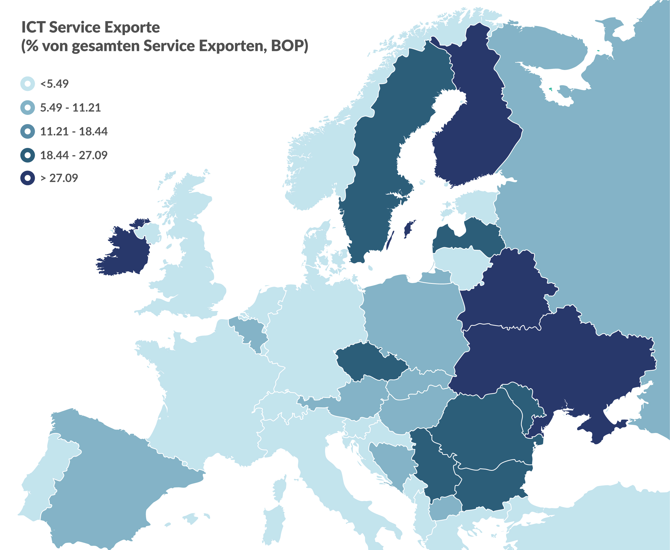 Infografische Karte mit den Exporten von IT-Dienstleistungen nach europäischen Ländern