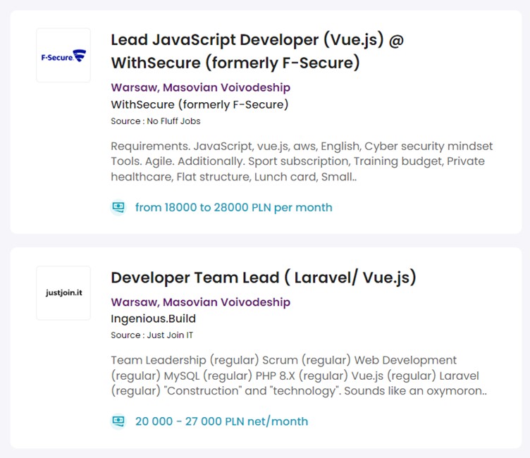 Screenshot of job ads for senior Vue developers in Poland source pl.talent.com