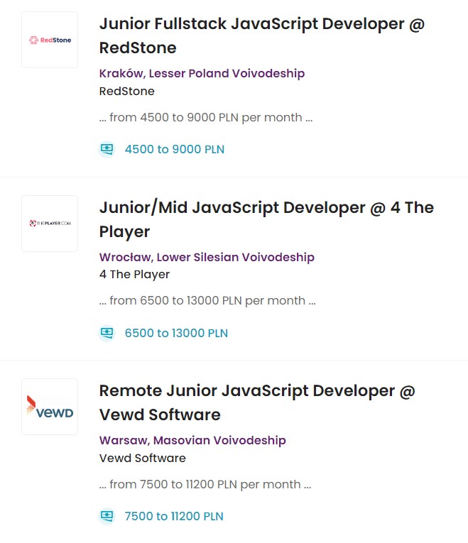 Screenshot of live job ads for JavaScript developers in the Poland pl.talent.com