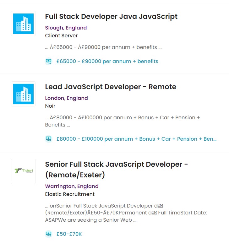 Screenshot of live job ads for JavaScript developers in the UK uk.indeed.com
