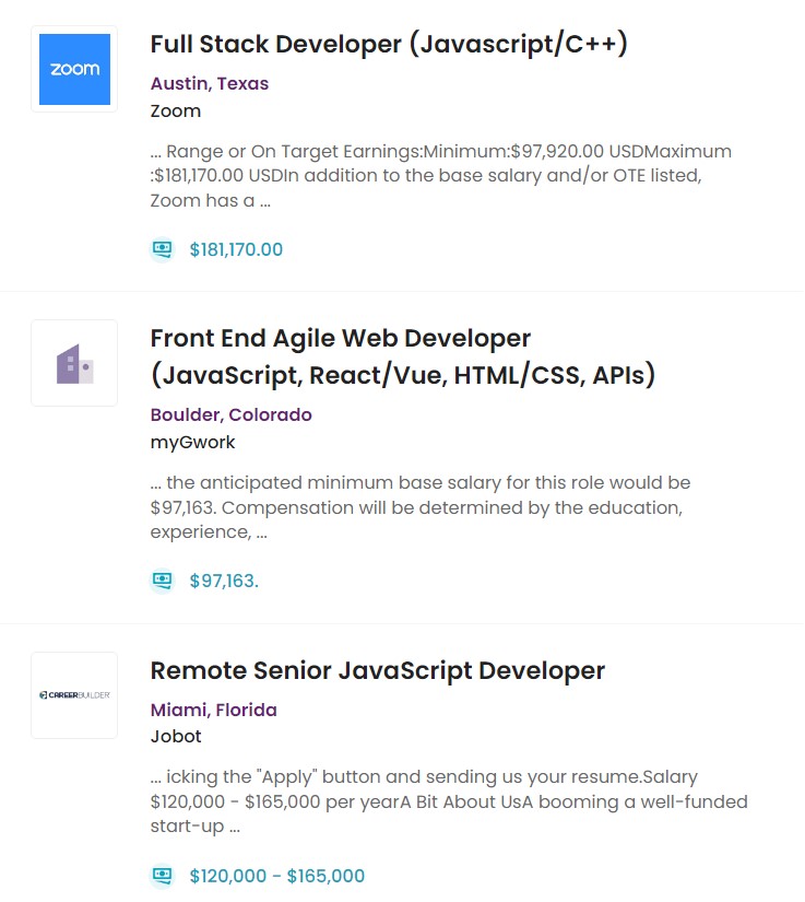 Screenshot of live job ads for JavaScript developers in the USA talent.com