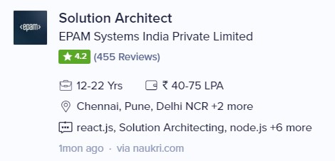 Image of live job ad showing salary range offered for a solutions architect with node.js based in India
