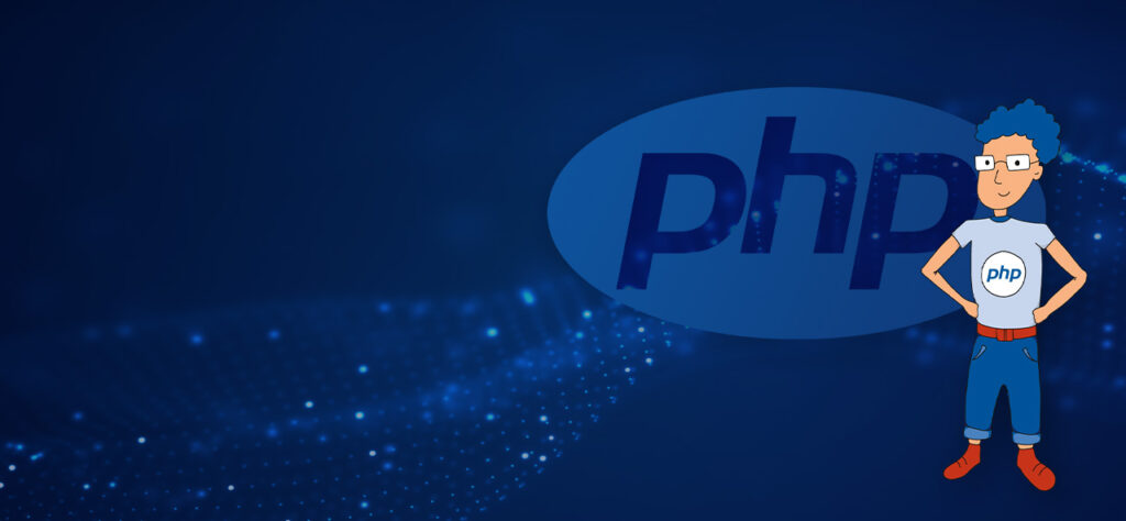 Hero image for a job ad for a senior PHP developer featuring logo and animated PHP developer