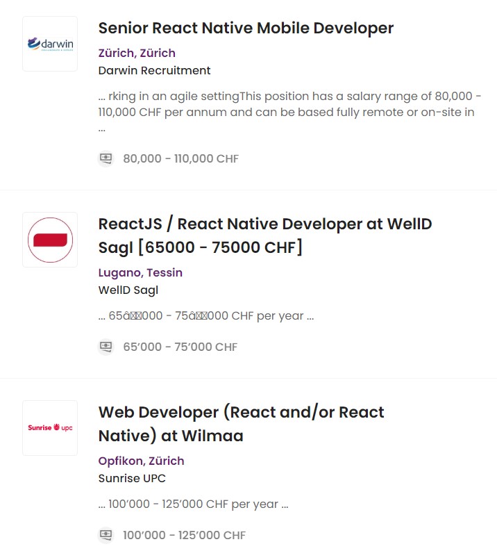 Live job ads for React Native developer roles in Switzerland featured on ch.talent.com