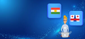 Hero image for IT outsourcing case study involving teams from the small German town of Viol and Sulaymaniyah in Iraqi Kurdistan. The images feature the flags of Iraqi Kurdistan and the Voil municipality and an animated female figure representing a software developer.