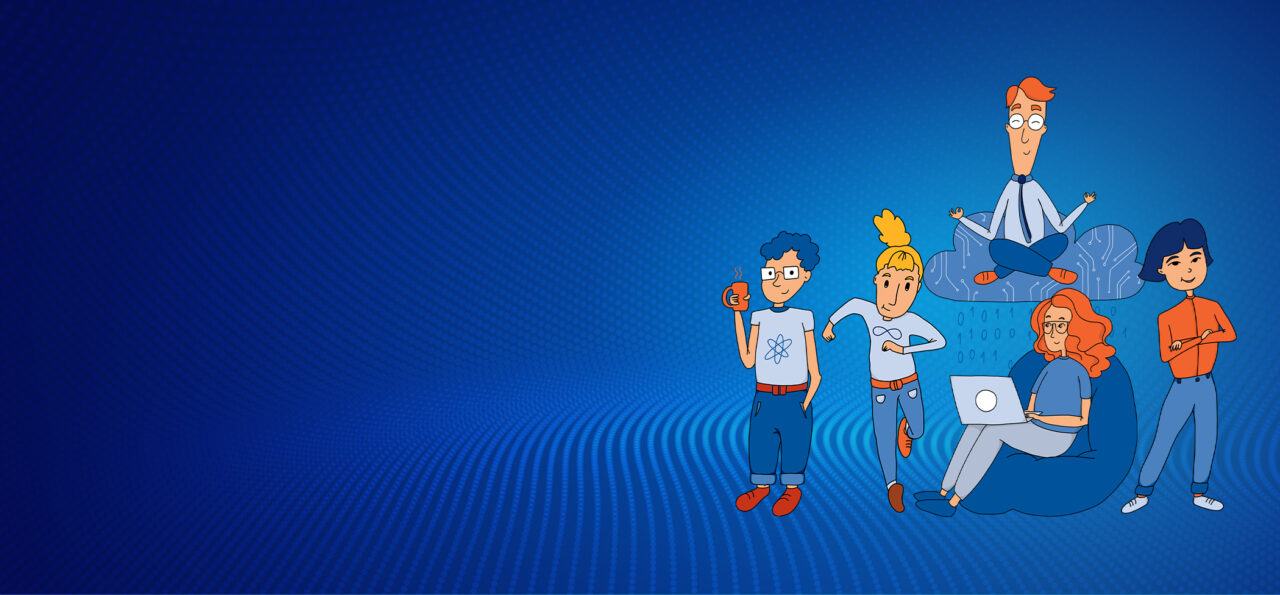 Hero graphic for body leasing services agency landing page depicting cartoon character IT specialists ready for action