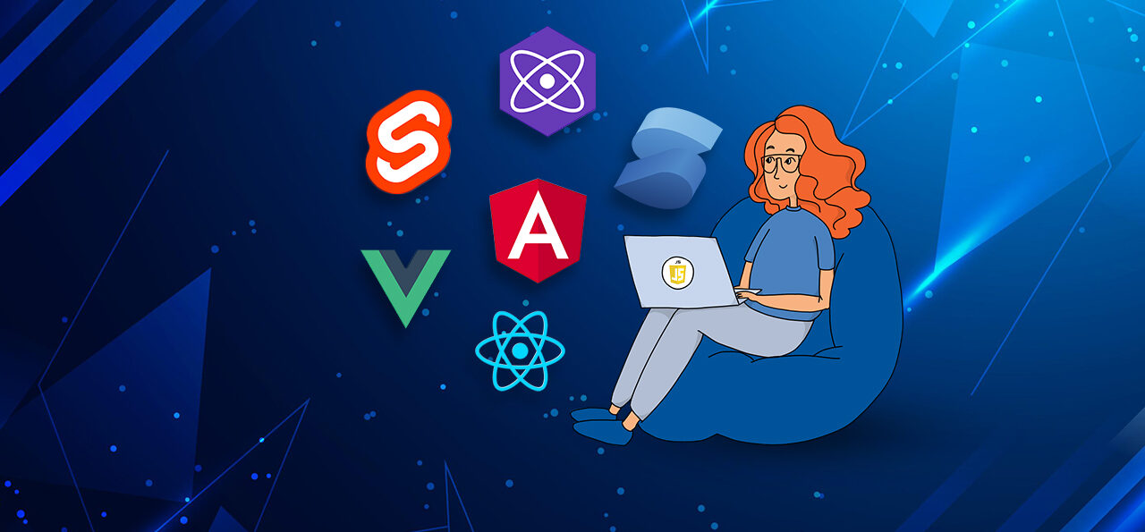 Hero graphic for blog post on the most popular front end JS frameworks and libraries. Shows logos of most popular JS technologies and cartoon character software developer working on a laptop while seated on a beanbag