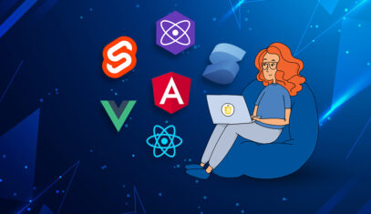 Hero graphic for blog post on the most popular front end JS frameworks and libraries. Shows logos of most popular JS technologies and cartoon character software developer working on a laptop while seated on a beanbag