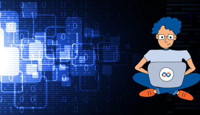 Hero image for DevOps and SRE article with animated DevOps engineer with laptop against tech-themed background