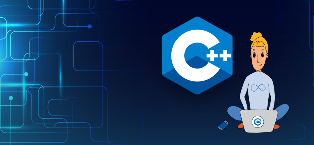Hero graphic for C++ developer featuring animated female developer with a laptop against a background with the C++ logo