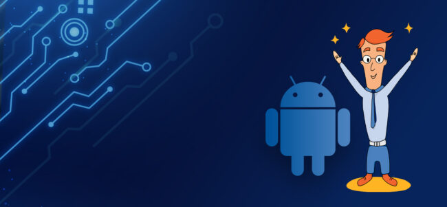 Hero image for a job ad for a senior Android developer with Kotlin. Blue tech-themed background featuring the Android logo and an animated software developer