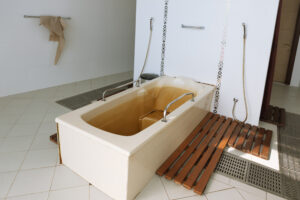 An oil bath at an oil spa in Naftalan, Azerbaijan. Bathing in the region’s oil is considered to have thereaputic effects 