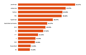 Chart showing the most popular programming language by the percentage of developers to use them